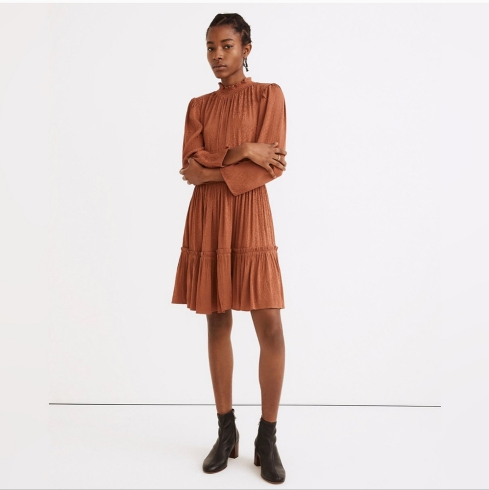 NEW Madewell Mockneck Ruffle-Hem‎ Mini Dress in Cheetah Jacquard size XXS